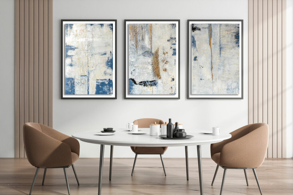 3-teilig, Mixed Media, abstrakte Acrylbilder "Triptychon White-Blue" Unikat (255)