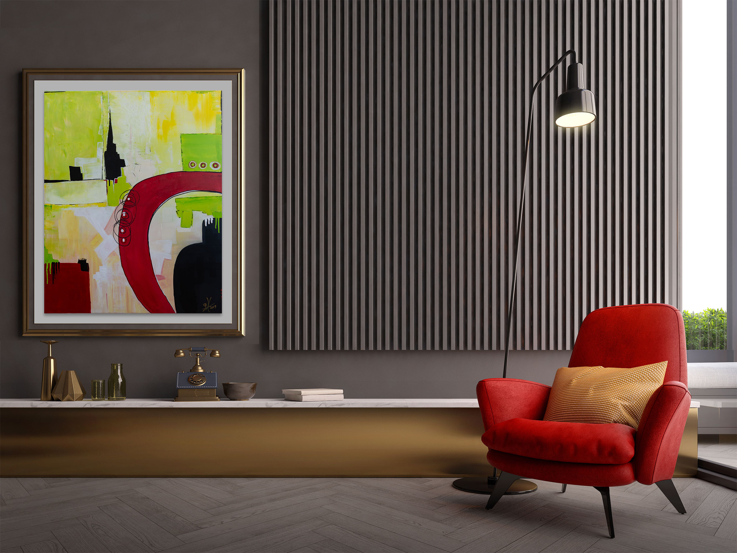 Dies faszinierende abstrakte Gemälde strahlt in der Hauptfarbe Gelb-Grün. Es präsentiert eine dynamische Komposition aus verschiedenen trendigen Farbfeldern, die in Grün, Gelb-Orange, Schwarz und Weiß gehalten sind und abstrakte geometrische Formen bilden. Ein markanter roter Bogen, der von dünnen, schwarzen Linien umrandet wird, zieht sofort die Aufmerksamkeit auf sich und verleiht dem Bild eine starke visuelle Präsenz. Die Kombination aus lebendigen Farben, harmonischen Kontrasten und einer kraftvollen Komposition macht dieses Gemälde zu einem wahren Blickfang und einer Bereicherung für jeden Raum. Es wartet nur darauf, einen Käufer zu finden, der seine Schönheit und Ausdruckskraft zu schätzen weiß.